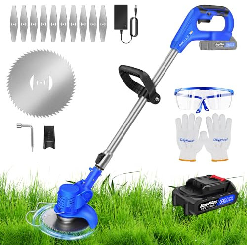 Cordless Grass Trimmer with Battery and Charger Metal Blades 650W Powerful Electric Strimmer Garden Grass Edger Weed Cutter Lawn Trimmer Set, Telescopic Handle, Rotatable Head
