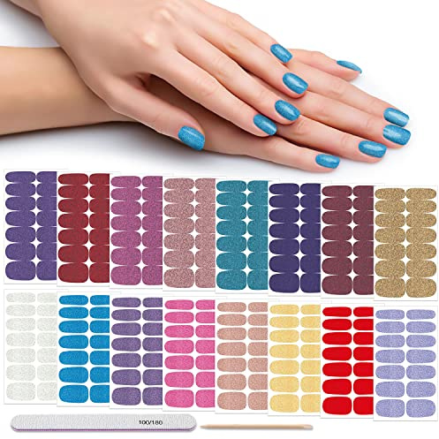 DANNEASY 16 Sheets Nail Polish Stickers Full Nail Wraps Self Adhesive Nail Polish Strips for Women Girl Nail Art Gel Nail Strips with 1pc Nail File, Cuticle Stick (Glitter Series)