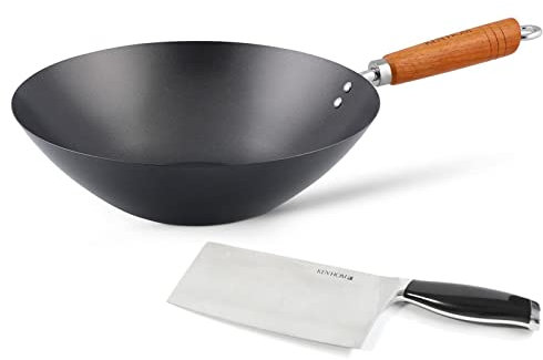 Ken Hom großer Antihaft Karbonstahl Wok 31 cm mit Holzgriff - Wokpfanne ohne Induktion - Set inkl. Hackmesser 18 cm