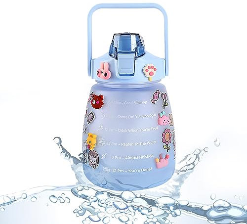 Ruspela Bouteille d'eau avec paille, bouteille d'eau Kawaii avec sangle de paille anti-fuite avec marqueur minuteur autocollants 3D