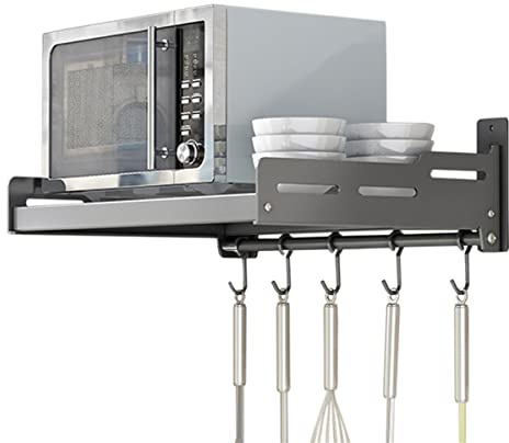 Redwestmelon Microwave Oven Rack Kitchen Shelf, Wall Mounted Microwave Shelf Spice Rack Cooker Shelf Stainless Steel Shelf Holder Oven Storage Rack with 5 Hooks