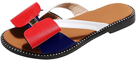 OALEEN Sandale Plate Femme Claquette Eté Confortable Style Cuir Noeud Nu-Pied Pantoufle Plage Mariage Soirée - Rouge et Bleu 40