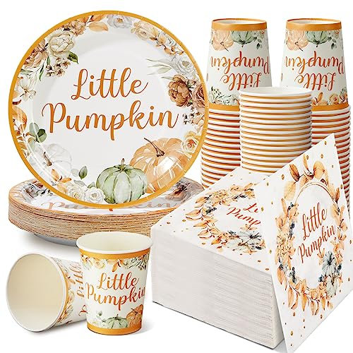 150 Pcs Little Pumpkin Baby Shower Party Decoration Set Serves 50 Fall Disposable Dinnerware Set Dinner Dessert Plates Cups Napkins Autumn Farm Tableware Thanksgiving Party Supplies