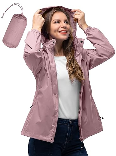 33,000ft Women's Lightweight Rain Jackets Hooded Breathable Packable Running Raincoats Active Trench Windbreaker with Hideaway Hood for Cycling Hiking (Dried Rose-L/UK 14)