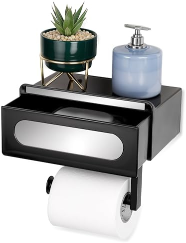 Belle Vous Portarotolo con Ripiano - Porta Carta Igienica Autoadesivo - Accessori per Bagno a Parete - Cuscinetto Adesivo - Reggi Rotolo da Muro in Acciaio al Carbonio - Nero