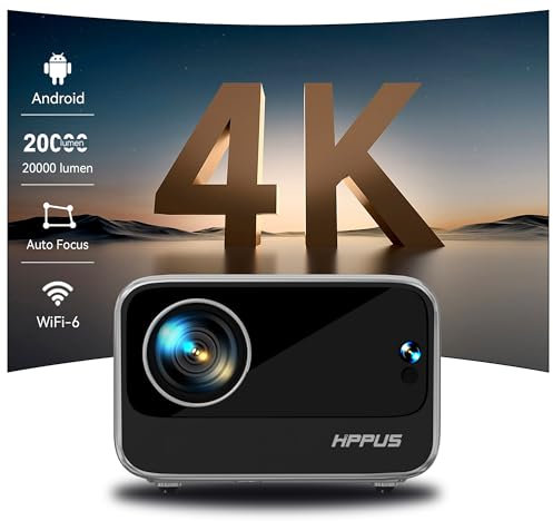 HIPPUS Projecteur 4K, Vidéoprojecteur Full HD 1080p avec Focus Électrique, Correction Trapèze Automatique, Android, WiFi 6, Bluetooth 5.2, Compatible USB/HDMI, Idéal pour Home Cinéma et Jeux, Blanc