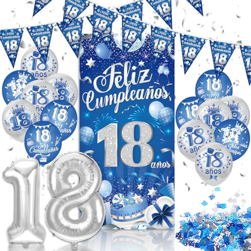 DPKOW Español Decoraciones de Cumpleaños 18 años para Chico Azul Plateado, Feliz Cumpleaños 18 años Pancarta Banderolas, Cumpleaños 18 años Globo de Aluminio Látex de Feliz Cumpleaños 18 Confeti