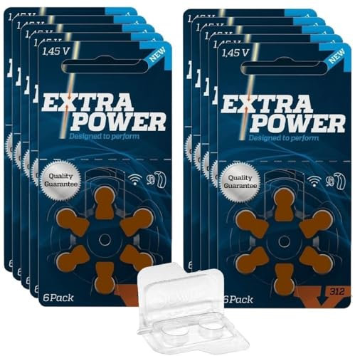 Extra Power 24607 Lot de 60 piles pour appareils auditifs PR41 Marron Taille 312 + boîte de rangement
