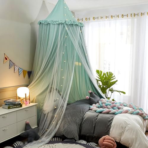 HUOQOU Betthimmel für Mädchen Doppelschicht Prinzessin Runder Kuppel Kinder Träumendes Moskitonetz Bettwäsche Mädchenzimmer Schloss Spielzelt Hängendes Haus Dekor Leseecke Baldachine(Grün/weiß)