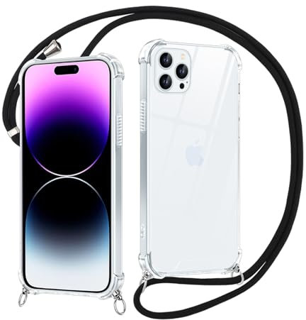 Xylota Coque avec Cordon pour iPhone 13 Pro 6,1,Etui avec Collier Réglable Laniere Tour de Cou Lanière Corde Lanyard, Transparente Silicone Souple TPU + PC Case Antichoc Protection Housse Cover, Noir