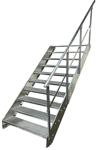 Kaminbau Mierzwa Premium Stahl Treppe mit Geländer rechts komplett Verzinkt / 10 Stufen (Breite 1000 mm) (Höhe 190 cm) Wetterfest Gitterroststufe Gartentreppe