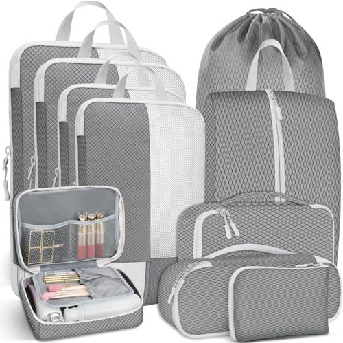 Avmvnvc Koffer Organizer Set, 10-Teiliges Packing Cubes für Kleidung, Packwürfel Set mit Kompression, Kofferorganizer Set mit Kosmetiktasche, Travel Organizer für Rucksack und Koffer, Grau