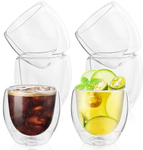 GEGNNS Lot de 6 Tasse à Café Double Paroi, 80 ml Tasse Verre Double Paroi Ensemble, Ensemble de Verre Double Paroi pour Latte, Macchiato, Cappuccino, Bière, Lait, Thé