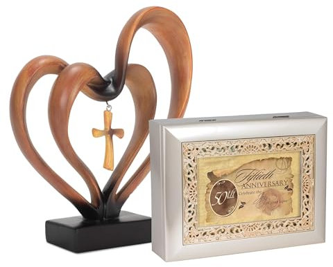 Cottage Garden Dicksons It Takes Three Heart and Cross 24,1 cm Kunstharz-Stein, Tischdekoration, 50. Jahrestag, goldene verzierte Einlage, Schmuck, Spieluhr, spielt unkettete Melodie, 2-teiliges Set