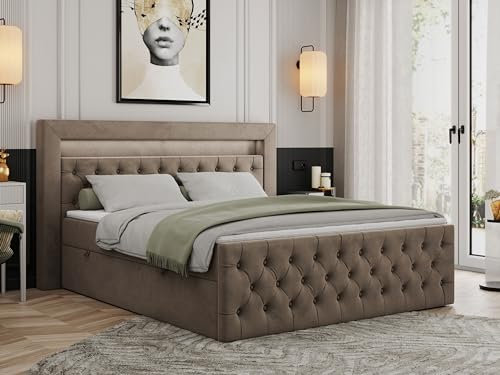MKS MEBLE Boxspringbett 180x200 mit Led Braun Samt, Bett Polsterbett 180x200 mit LED Kopfteil, Multipocket Matratze H4, Doppelbett mit Bettkasten Stauraumbett - Gold-9 - Braun Velvet