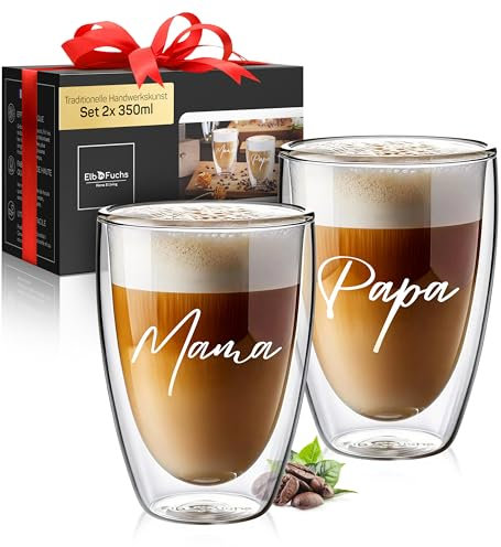 ElbFuchs® Doppelwandige Latte Macchiato Gläser | MAMA + PAPA | 2x 350ml [GESCHENK FÜR ELTERN] Thermogläser für Cappuccino | Kaffegläser | Teegläser