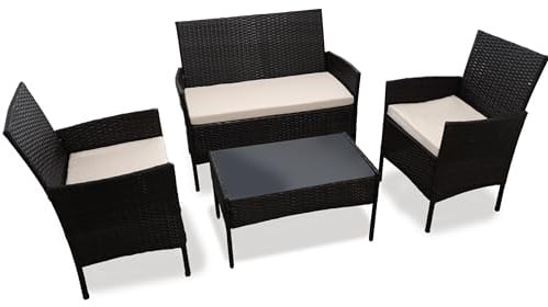 DIVCHI Garden Furniture Set Rattan Patio Conservatory Balcony Indoor Outdoor 4 Seater Piece Glass Top Coffee Table Sofa Loveseat with Cushions (Black)