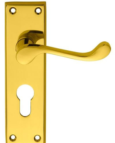 Victorian Scroll Latch & Euro Lock Door Handle Polished Brass Lever On Backplate