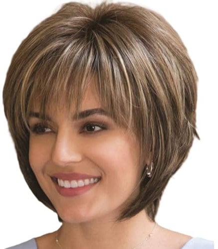 woojfcang Short Brown Mixed Blonde Wigs for Women Ladies Pixie Cut Wig with Bangs Natural Straight Synthetic Layered Hair Wig for Costume Cosplay Daily Fancy Dress Accessories Halloween Party Wigs
