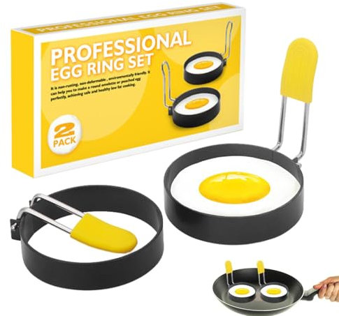 Runde Eierform, Eierring-Set mit 2 Stück,2 Stück antihaftbeschichtete runde Crumpet-Ringformer - Tragbare, lebensmittelechte Spiegelei-Ringform mit hitzebeständigem Griff für Camping