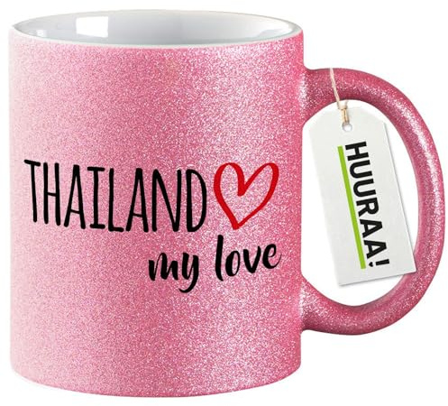 Huuraa Glitzertasse Thailand my love Geschenk | Motivtasse 330ml Glitzer Tasse mit Spruch Pink Keramik Kaffeebecher Geschenkidee Pinker Glitter Becher mit Motiv