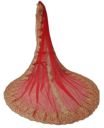 Schleier für die Braut, Brautschleier aus goldener Spitze, Tüll mit Kamm, einlagig, Kathedrale, lang, farbig, Hochzeitsschleier for Bräute, Rot