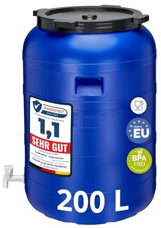 Garronda 200 Liter Weithalsfass BPA-frei Futtertonne Fass mit Hahn Universalfass Lebensmittel Fass Regenfass für Garten Regentonne mit Deckel Regenwassertonne für Garten Wassertonne GD-0092, Blau