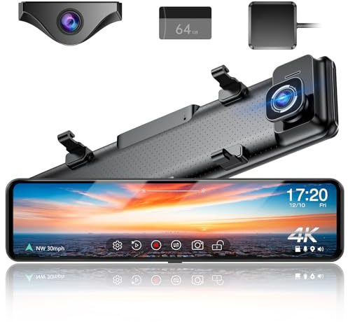 G850+ 12 4K UHD Mirror Dash Cam Front and Rear with Zoom Backup Camera, 2160P Dual Rear View Mirror Camera for Cars & Trucks, 64GB Card Included, GPS, WDR, Night Vision, Parking Assist & G-Sensor