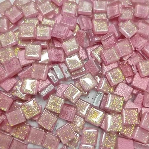 Mosaik 80 g/2,82 Unzen (ca. 85 Stück) glitzerndes, glänzendes Glas, reinfarbige Mosaikfliesen, 1 cm quadratischer Mosaikstein, mehrfarbiges DIY-Bastelmaterial Mosaiksteine(Pink)