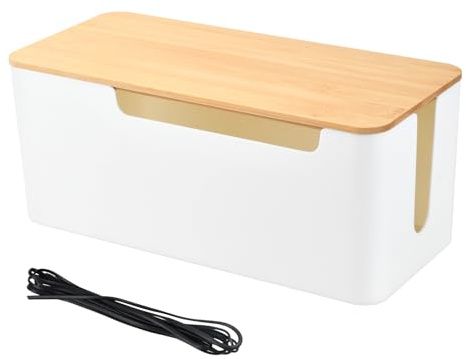 Daelesr Cable Tidy Box, Large Cable Management, Plastic Cord Wire Organiser Box, Desk Cable Management Box, Cable Storage Box with Bamboo Lid for Home Office Hiding Messy Cables