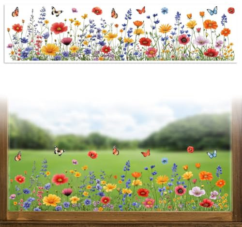 Peacoblue Fensterbilder Selbstklebend 120cm x 30cm, 1 Blatt Bunte Wildblumen Dekorativer, Abnehmbarer Fensteraufkleber für Zuhause, Büro, Glasfensterdekoration
