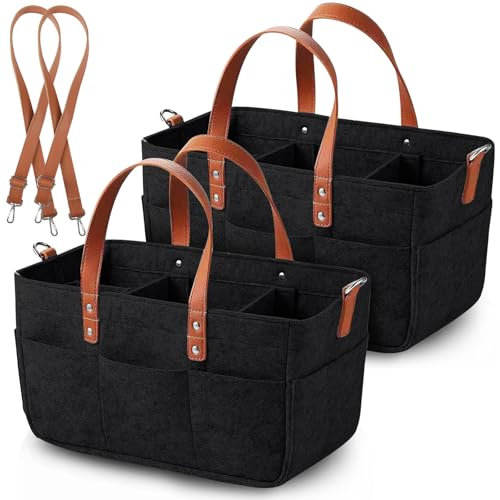 Anhow 2er Filztasche Einkaufskorb, 16L Filztasche Einkaufstasche mit Fächern Shopper für Outdoor Trips, Picknick, Einkaufen, Aufbewahrung - Schwarz/ 38x23x18 cm