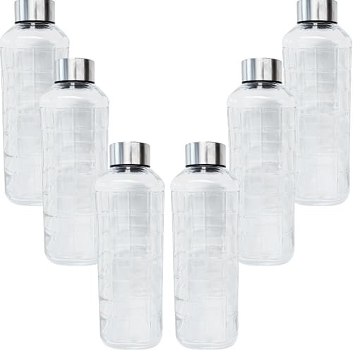 BELUKO Pack de 6 botellas de cristal para agua, botella agua cristal 1 litro, botella agua vidrio con tapa, jarra agua nevera (6 unidades - 1 l.)