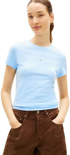 Tommy Jeans Damen T-Shirt Kurzarm Linear Slim Fit, Blau (Light Powdery Blue), S