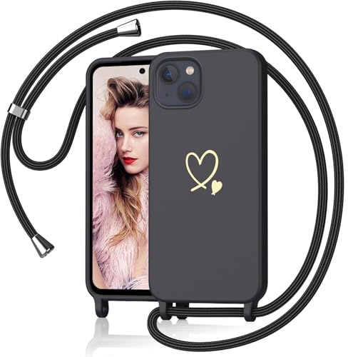 Yichxu Handyband für iPhone 14 Hülle mit Band, Herz Design Necklace Handyhülle zum Umhängen Kordel, Stoßfest Schutzhülle mit Kette, Weich TPU Liquid Silikon Case für iPhone 14, Schwarz