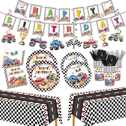 203pcs Monster Turck Plates Napkins Birthday Party Decorations Paper Cup Disposable Tableware Set Banner Hanging Swirl Tablecloth Monster Truck Party Supplies for Kids Boys Birthday Decor 24 Guests