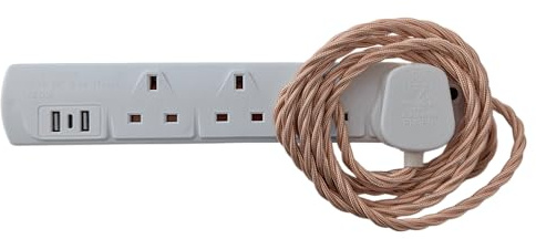 Vintage Electric Extension Leads, 13 amp rated Power Strips with 4 Way Outlets, 4 Socket Extension Cable with 2M Braided Fabric Twisted Cord for Home Office (Rose Gold (White Plug))