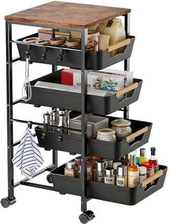 THCTYRP Carrito de 5 Niveles y 4 Cajones con Tabla de Madera | Cestas ventiladas, ruedas 360° con 2 frenos, ideal para frutas, verduras y microondas en cocina o salón, 32x38x81.5 cm