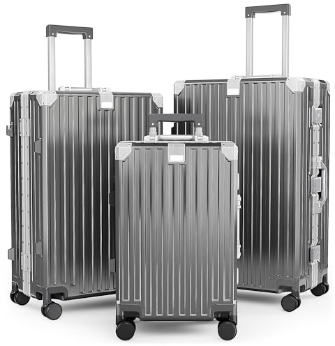 ALPHA CAMP Koffer Set 3 Teilig Hartschale mit Rollen Suitcase Set Luggage | Grau Vor Allem Polycarbonat Aluminium Rahmen Kofferset M L XL Reisekoffer TSA Schloss Hartschalenkoffer Set Groß Flugreisen