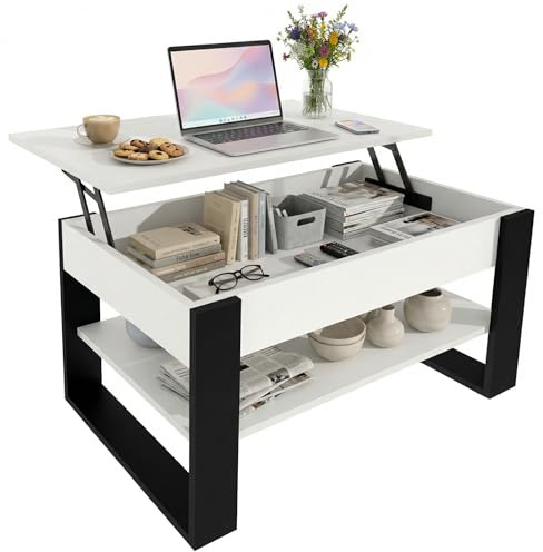 CraftPAK Couchtisch höhenverstellbar mit Stauraum - Couchtische - Wohnzimmertisch klappbar - höhenverstellbarer Coffee Table - Wohnzimmer Tisch Holz Weiß