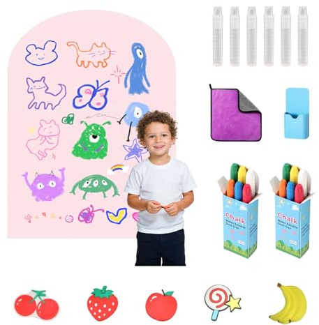 Magnettafel Selbstklebend Wandtafel Kinder, 120 x 60 cm Magnetwand Gewölbte, 12 Kreidestiften, 1 Reinigungstuch, 6 Kreidehaltern, 1 Aufbewahrungsbox, 5 Fruchtmagnete, Magnetische Zeichentafel