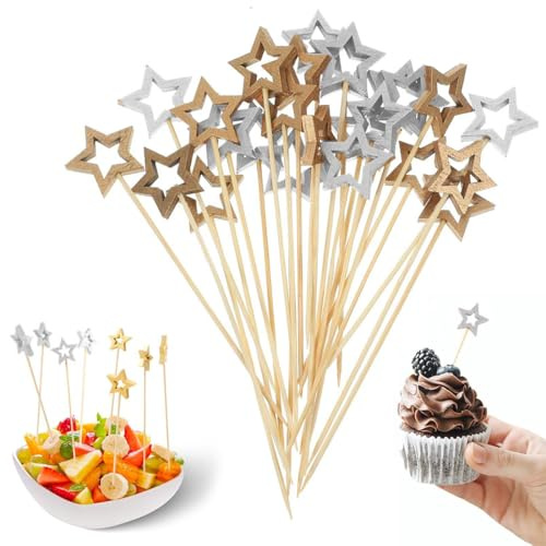 100 PCS Palillos para Aperitivos de Estrellas, Palillos de Dientes de Madera con Estrella Dorada y Plateada, Decoraciones de Cócteles para la Fiesta del Día de Navidad Ramadán Eid