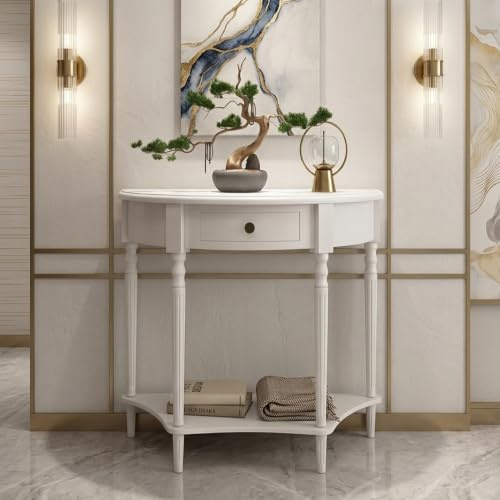 Consolle a mezzaluna, consolle stretta in legno, tavolino d'appoggio | Consolle, tavolino da divano, per l'arredo di ingresso, soggiorno e corridoio(White,60cm/23.6in)