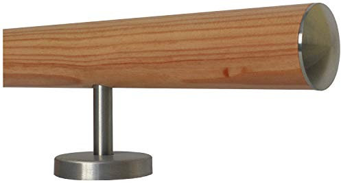 Pasamanos de alerce para escaleras, pasamanos de 30 a 500 cm, de una sola pieza con soporte, soportes y extremos procesados, 190 con 3 soportes, tapa ligeramente curvada de acero inoxidable.