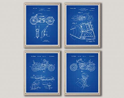 Motorbike Wall Art Harley Davidson Gift Motorcycle Art Motorcycle Posters Motorbike Prints Motorbike Decor Set of 4 Motorcycles WB303-WB306 (13cm x 18cm, Blueprint)