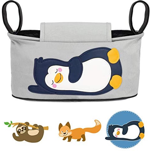 GLÜCKSWOLKE Kinderwagen Organizer - 12 Motive I Kinderwagentasche verschließbar I Kinder Buggy Tasche mit Feuchttücherspender I Baby Zubehör Stroller Bag I Aufbewahrungstasche (Pia Pinguin I Grau)