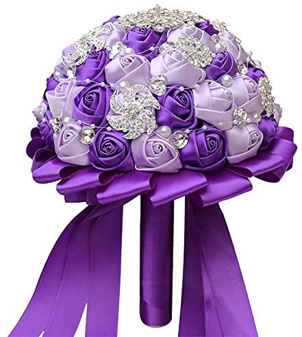 ACYOUNG Handgemachte Brosche Brautstrauß Braut Satin Rosen Blumen 10 Strass Perlen Blumensträusse Hochzeit Strauß Künstliche Blumenstrauß künstlicher Rosenstrauß Dekoration (Violett)