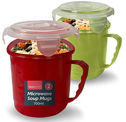 SOL 2pk Microwave Soup Mugs 700ml – Plastic Soup Containers with Handles and Lids – Stackable Bowls for Reheating and Serving – Ideal for Home, Office or School – Microwave & Dishwasher Safe