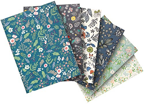 6 x Patchwork Stoffe aus Baumwolle, 50 x 40 cm, Florale Muster mit Blumen und Blättern, bunt in Blau und Grautönen