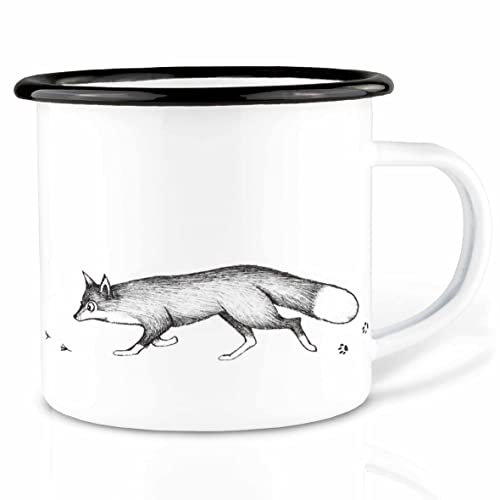 Ligarti Emaille Tasse (leicht & robust) | Camping Becher handveredelt in Deutschland | Trinkbecher für Kinder, Kaffeetasse, Emaillebecher | Essende Tiere (Fuchs und Ganz, 500ml)